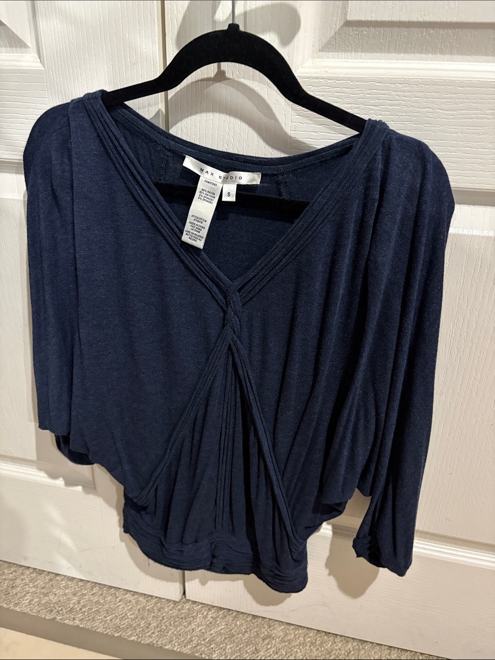 Max Studio Navy Draped V-Neck Knot Front Blouse
